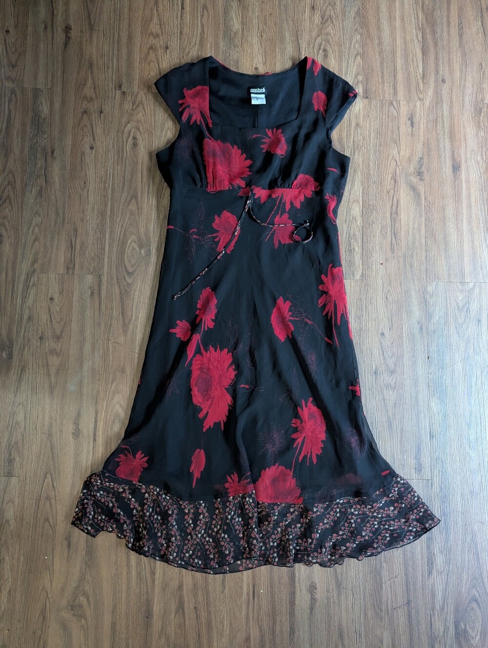 Romantic Gothic Style Black & Red Floral Midi Dress Sz 16